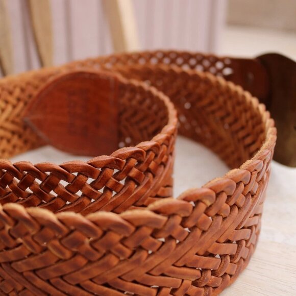 Chico's Moroccan Brown Leather Woven Belt Brass Silver Tone Buckle L - Picture 3 of 15